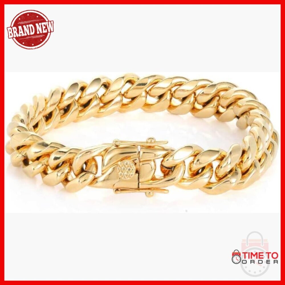 18K Gold Cuban Chain Bracelet 8 Inch Hip Hop Style Unisex Gift